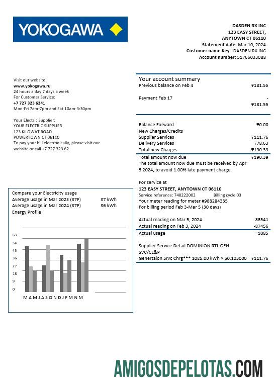 realista Cazaquistão Yokogawa Electric Cazaquistão Modelo de conta de serviços públicos em formatos Word e PDF